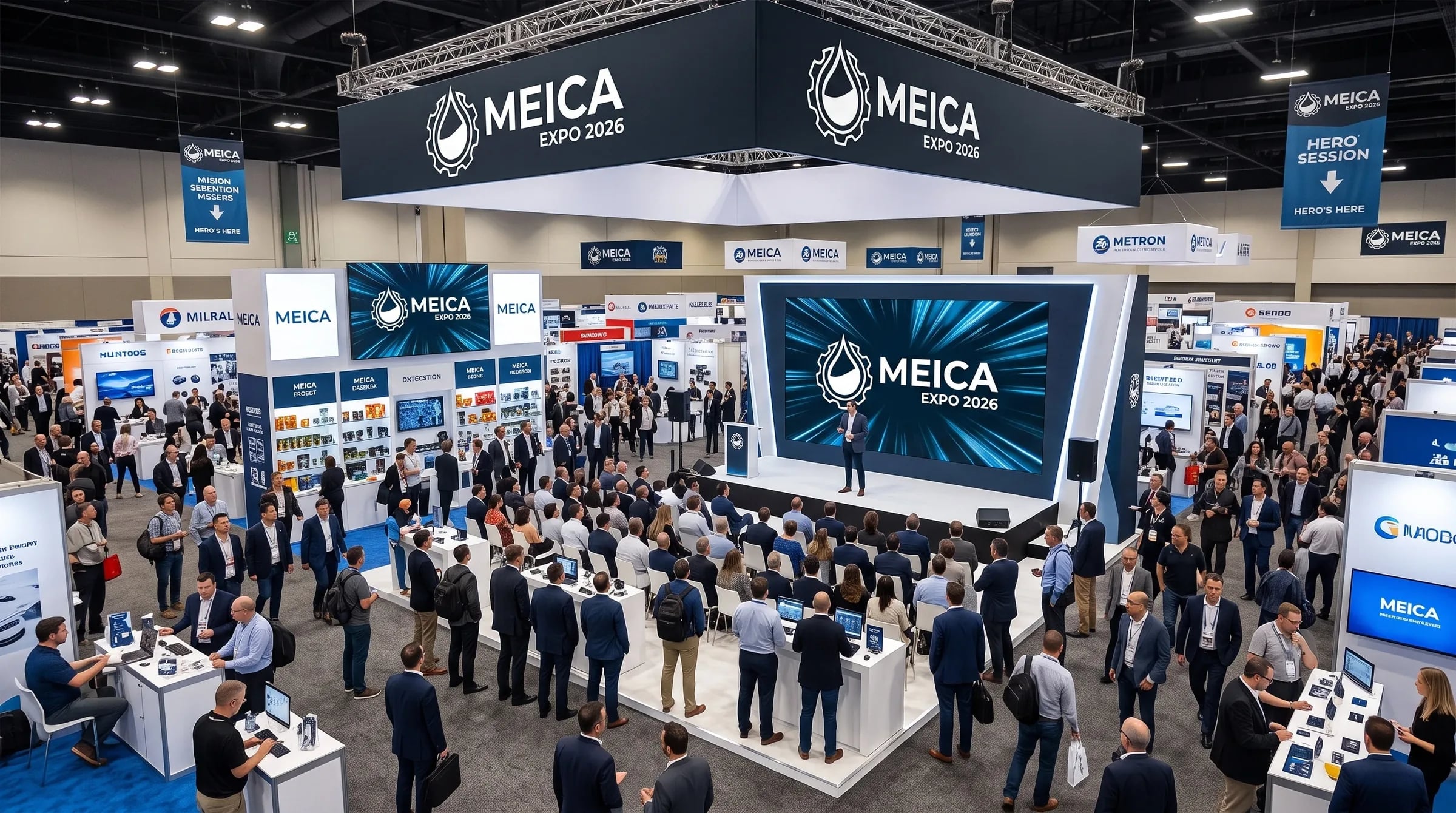 MEICA Expo 2026 show floor with a keynote on the main stage and delegates visiting exhibitor stands