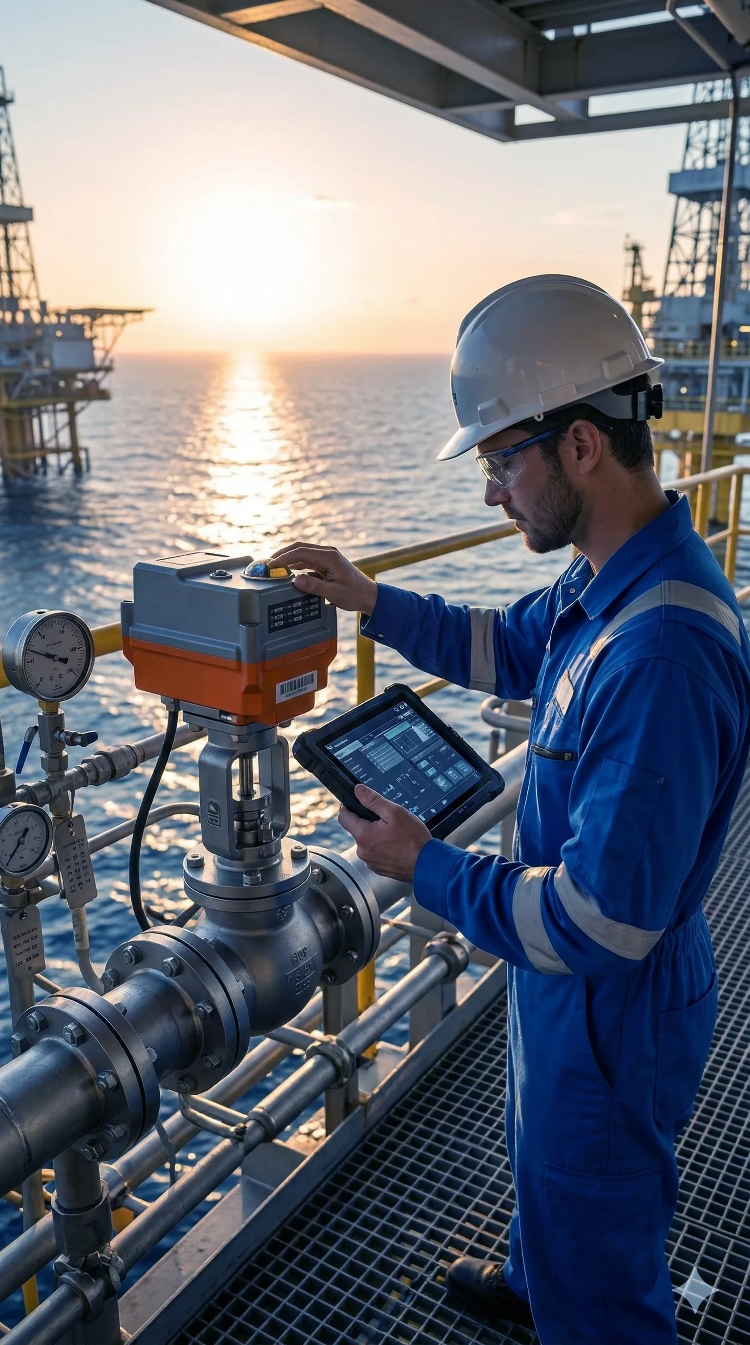 An engineer using a tablet to monitor instrumentation control equipment on an offshore platform
